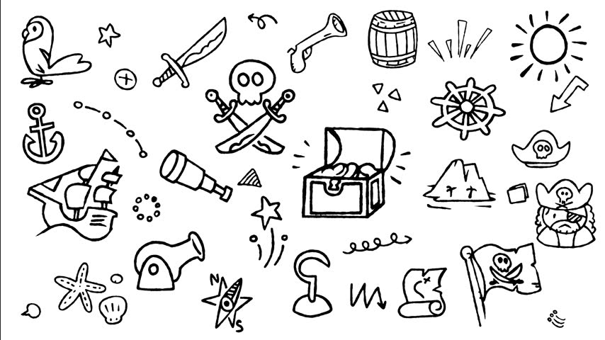 Hand drawn doodle elements of pirate ship, treasure map, skull, anchor, and ocean adventure icons. Animated seamless loop video background in black and white.