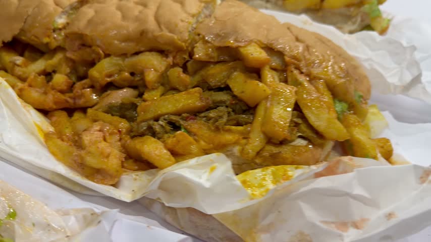 Masala Steak Gatsby Takeout in a fast food joint in Cape Town.