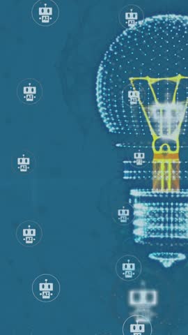 Animation of 3d light bulb over robot icons against falling binary codes on blue background. Digitally generated, hologram, illustration, ideas, coding, artificial intelligence and technology concept.