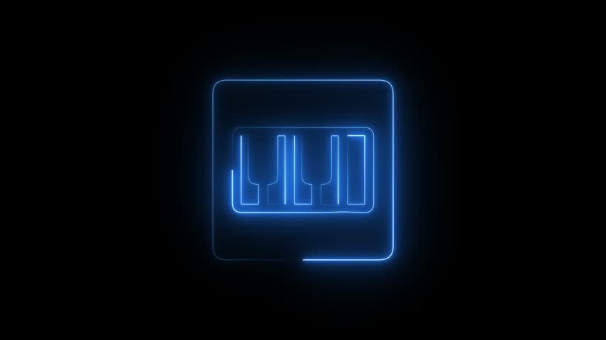 Glowing blue neon piano keys icon on black background