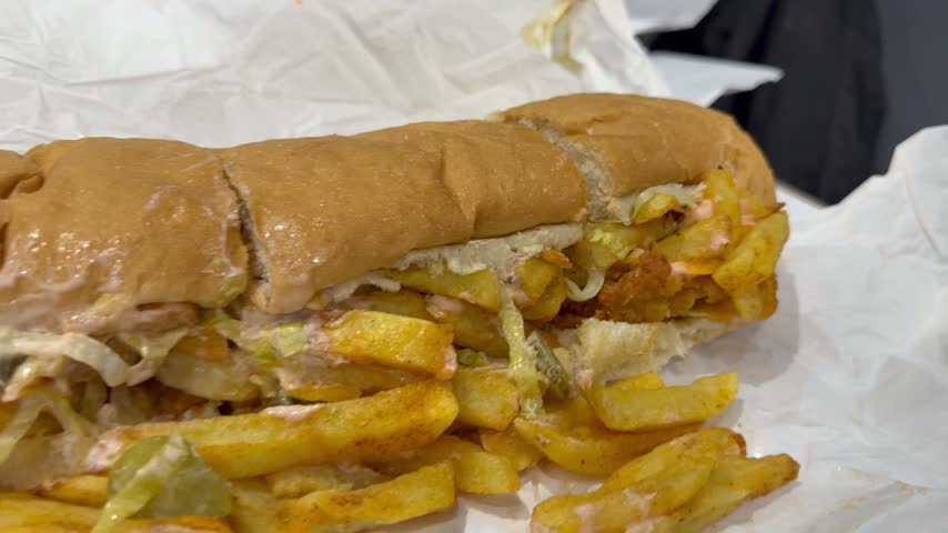 Close-up shot of a traditional Cape Town chicken Gatsby sandwich, a soft white sub roll packed with crispy golden fries, shredded lettuce, creamy sauce, and seasoned chicken pieces.