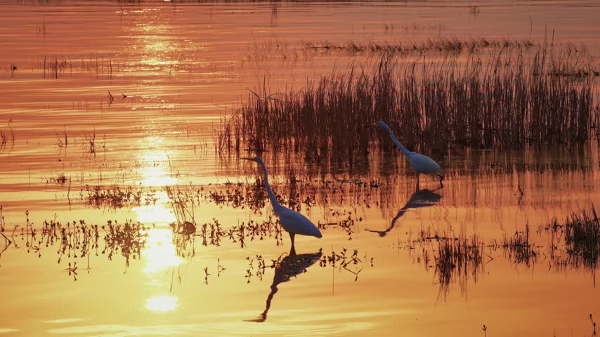 Wild bird standing in shallow wetland water with golden sunset light and reflections