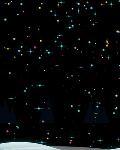A snowman stands in a winter landscape under bright lights. The snowman wears a red hat and a colorful scarf, surrounded by sparkles and a cheerful atmosphere