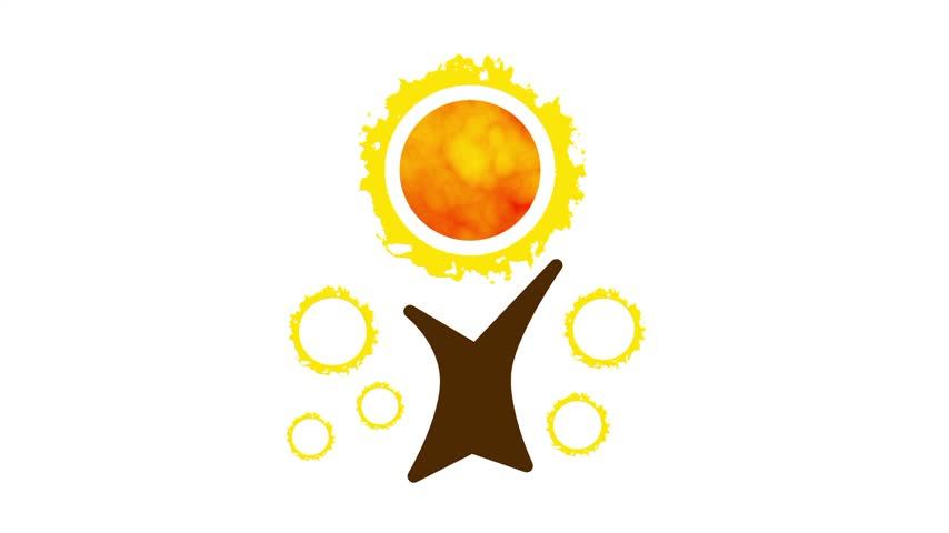shows a stylized autumn tree standing beneath a radiant orange sun and abstract geometric circles without a terminal period mark