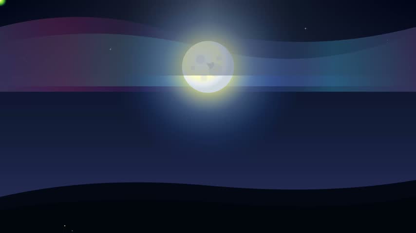 A tranquil night scene animation featuring a full moon in a starry sky above rolling hills with birds silhouettes passing by.