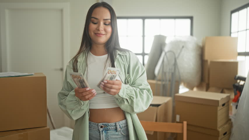 Woman counting cash and fanning hundred dollar bills in a building full of moving boxes; satisfaction financial success.