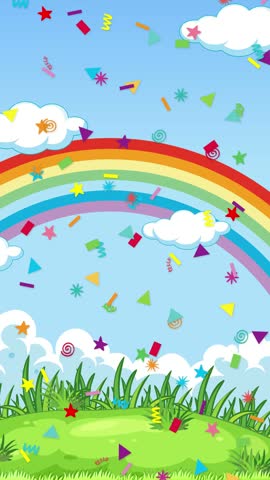 Vibrant confetti shapes fall continuously over a stylized rainbow, green hills, and blue sky.
