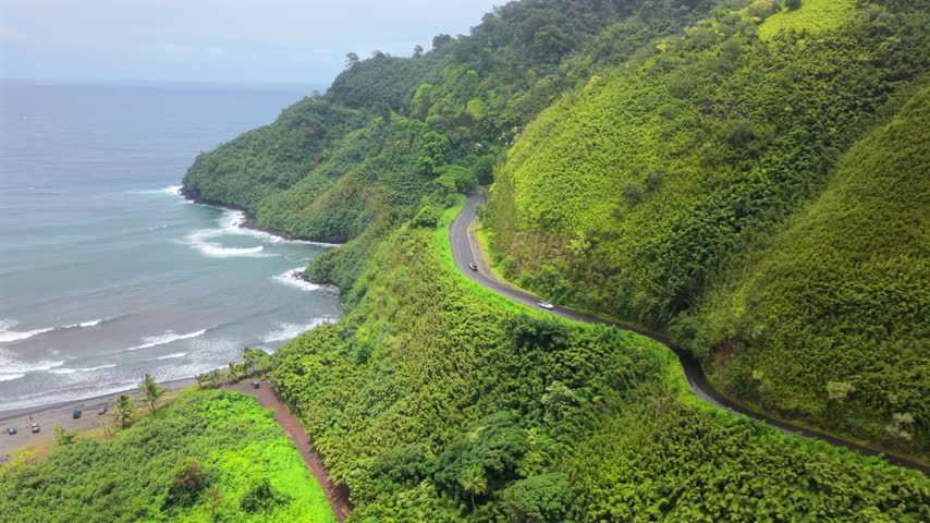 Aerial view of the Road to Hana curving through emerald rainforest cliffs above a black sand beach and turquoise surf on the tropical coast of Maui in Hawaii with cars driving the scenic highway.