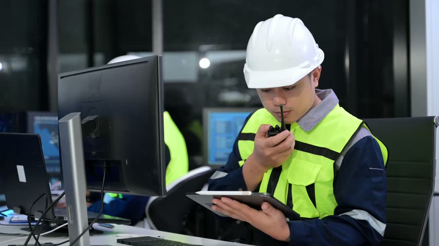Engineers in safety gear use tablets and touchscreens to analyze global logistics and network data in a futuristic, high tech control center.