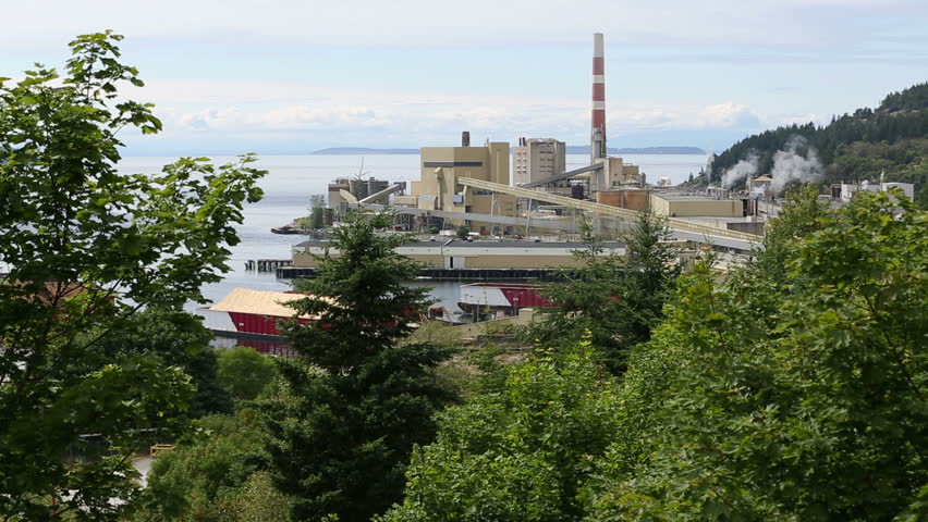 Pulp Mill on Georgia Strait, BC. A pulp mill on the shore of Georgia Strait. Powell River, British Columbia, Canada.