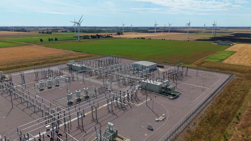 Aerial view of Triton Knoll offshore windfarm 400220kV substation surrounded by agricultural fields and wind turbines in Boston, England, United Kingdom.
