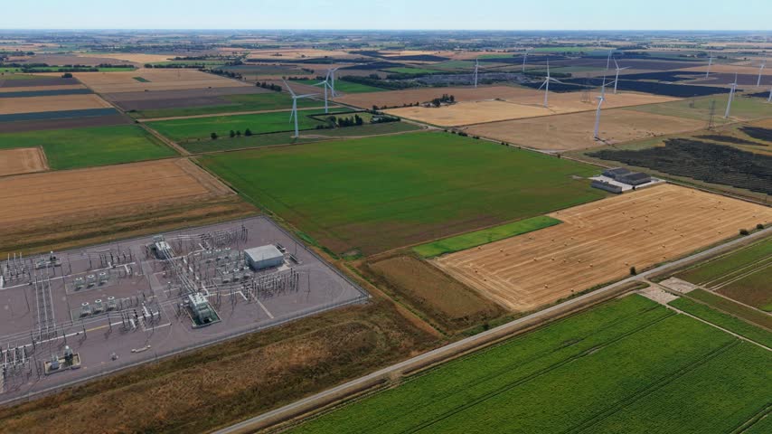 Aerial view of the Triton Knoll offshore windfarm substation surrounded by agricultural fields and wind turbines in Boston, England, United Kingdom.
