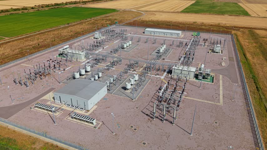 Aerial view of the Triton Knoll offshore windfarm 400220kV substation with electrical infrastructure and surrounding fields in Boston, England, United Kingdom.
