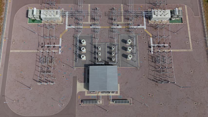 Aerial view of Triton Knoll offshore windfarm 400220kV substation with electrical transformers and switchgear in Boston, England, United Kingdom.