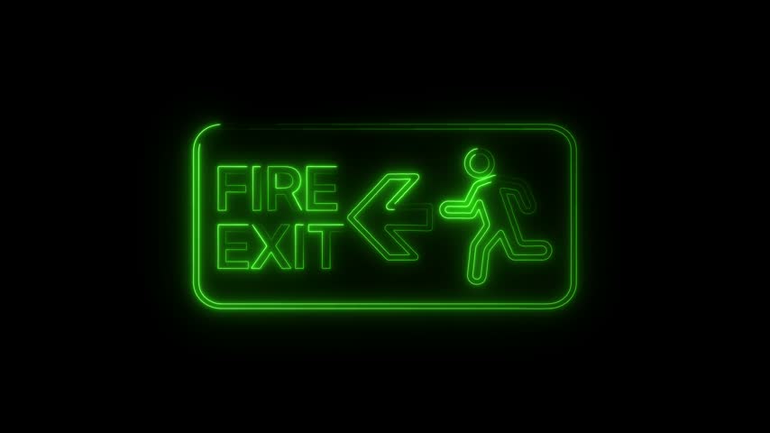 Neon fire exit sign with arrow pointing left and person running motion on dark background loop