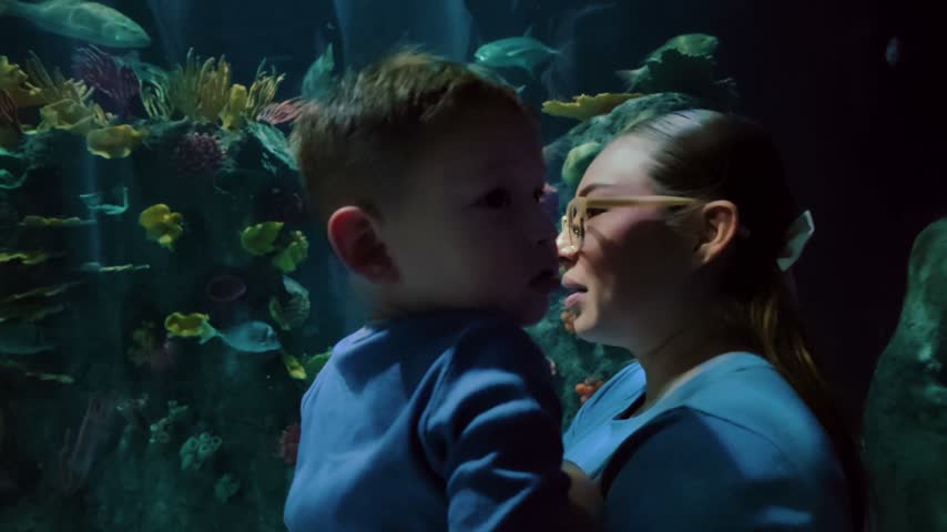 A surprised Latin mother and baby look up in an aquarium observation tunnel. The camera tilts up to reveal sharks and manta rays swimming overhead in the blue water.