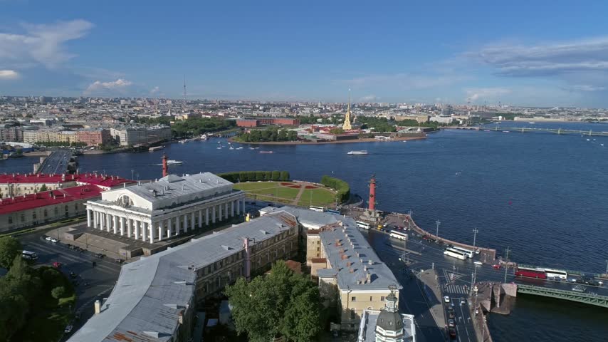 Aerial view of the Old Saint Petersburg Stock Exchange and Rostral Columns on the Spit of Vasilyevsky Island in Saint Petersburg, Saint Petersburg, Russia.