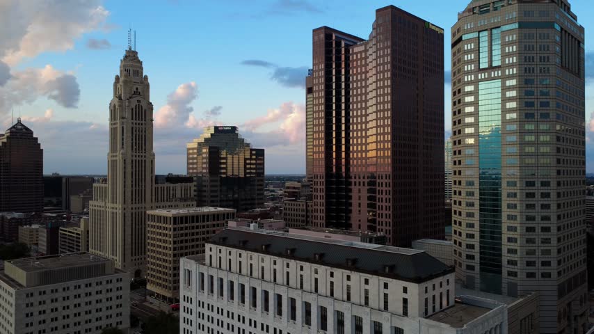 Drone shot of the skyline in Columbus, Ohio near sunset