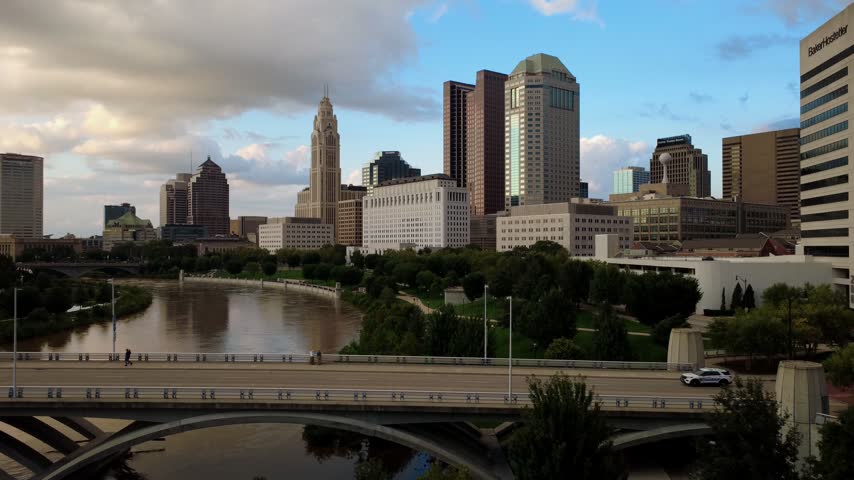 Drone shot of the skyline in Columbus, Ohio near sunset