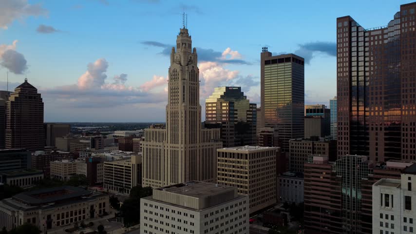 Drone shot of the skyline in Columbus, Ohio near sunset