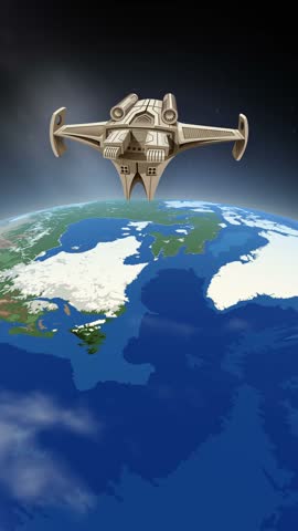 Stylized spaceship floats in orbit above a rotating Earth with the moon in background.