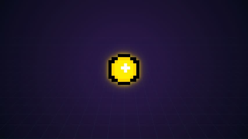 Rotating pixel art gold coin icon on retro synthwave perspective grid background