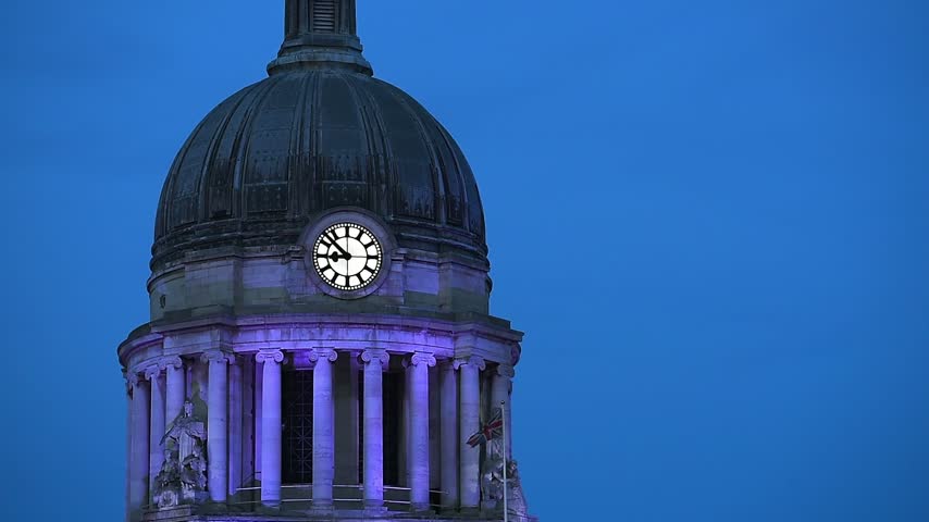 Close-up view of the Nottingham Council House Dome and Nottingham Council House Clock. Nottingham City Council is located in Old Market Square at the heart of Nottingham city centre, Nottinghamshire.