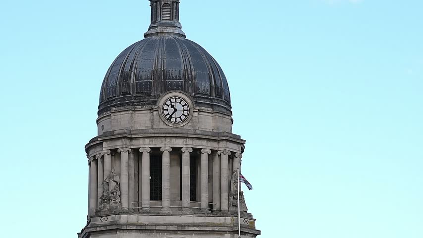 Close-up view of the Nottingham Council House Dome and Nottingham Council House Clock. Nottingham City Council is located in Old Market Square at the heart of Nottingham city centre, Nottinghamshire.