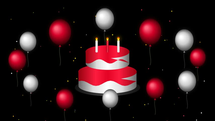 Animated birthday cake with red and white balloons and confetti on black background, celebration red white balloons