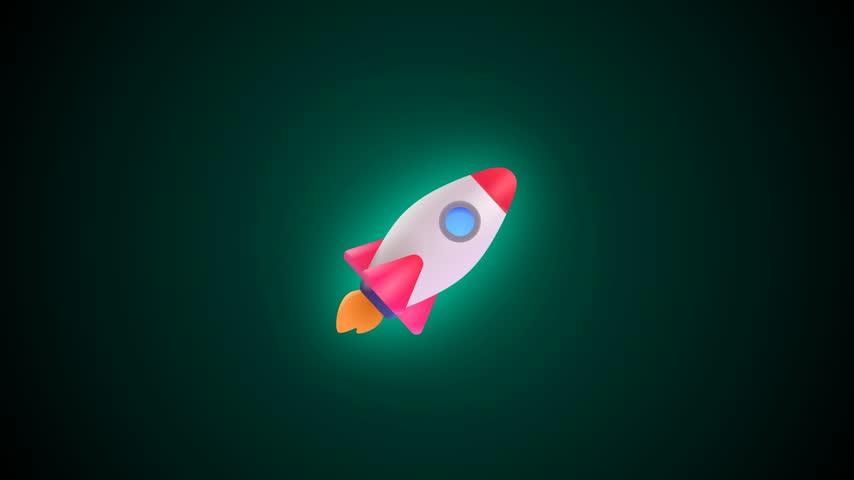 A bright rocket icon floats away from a dark green background, appearing as a playful graphic animation with smooth movement and a small flame trail