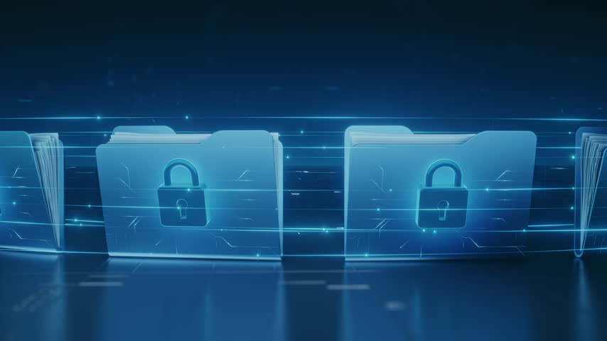 Glowing blue digital folders with padlock icons emphasize data protection and cyber security in a secure network environment. Illustrating privacy, confidential information management, and safe
