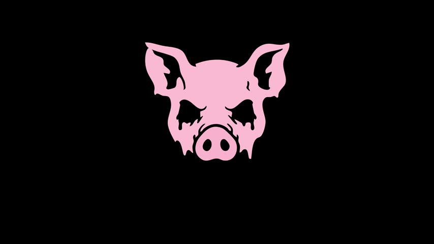 An edgy and eerie vector animation of a pink pig head with glowing red eyes and dripping details, set against a dark background. Ideal for horror projects, alternative fashion themes, gothic designs, and Halloween party visuals.