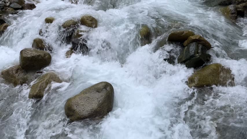 Wild mountain river flowing quickly over stones. Raging whitewater stream creating rapids and foam in a pristine natural environment