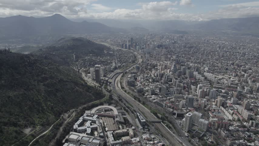 Aerial View of Santiago de Chile Skyline Towards Andes Mountains