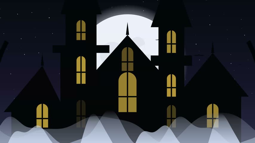 A digitally illustrated haunted mansion stands silhouetted against a bright full moon on a dark, eerie night. Perfect for Halloween themes and spooky designs.