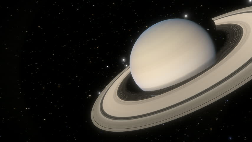 Timelapse graphic animation of Saturn with its rings composed of ice and rock particles, showing orbiting moons moving around the planet. 