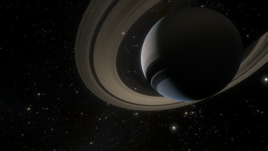 Timelapse graphic animation of Saturn with its rings composed of ice and rock particles, showing orbiting moons moving around the planet. 