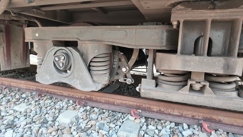 Detailed view of a train bogie showing heavy coil springs, brake shoes, and wheel axles resting on steel rails and ballast stones.
