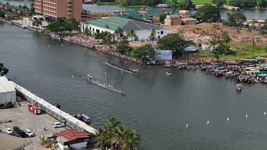 Cinematic slow-motion footage of wooden oars striking the water in unison during the intense Nehru Trophy Boat Race in Kerala, India. Captures the physical exertion, teamwork, and cultural pride of th