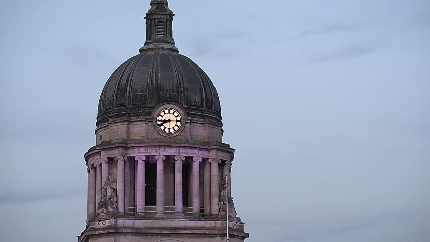 Close-up view of the Nottingham Council House Dome and Nottingham Council House Clock. Nottingham City Council is located in Old Market Square at the heart of Nottingham city centre, Nottinghamshire.
