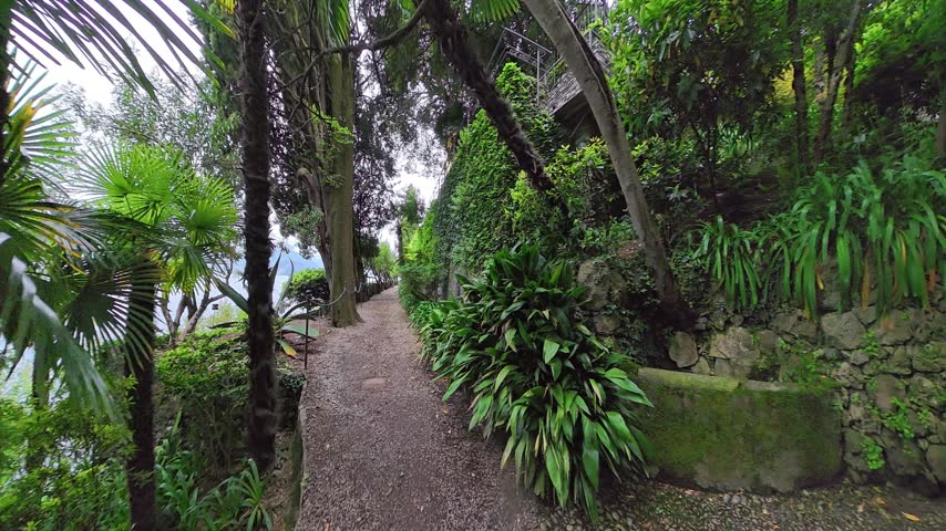 Peaceful lakeside garden path surrounded by lush trees and vegetation, with an ivy-covered stone wall and Lake Como visible alongside the walkway.