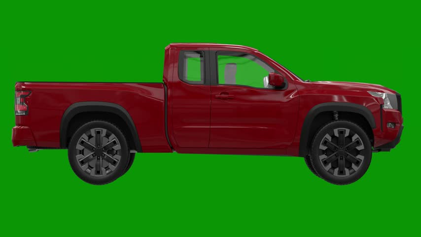 A red pickup truck isolated on green screen background