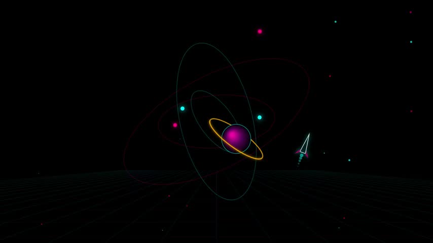 Dynamic motion graphics showing glowing purple planet with rings, orbiting celestial bodies, and futuristic shuttle flying through 80s grid space.