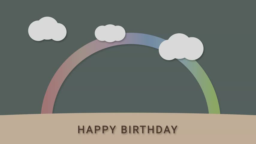 Happy Birthday flat illustration animation with number 10 candles, a rainbow and clouds on a green backdrop