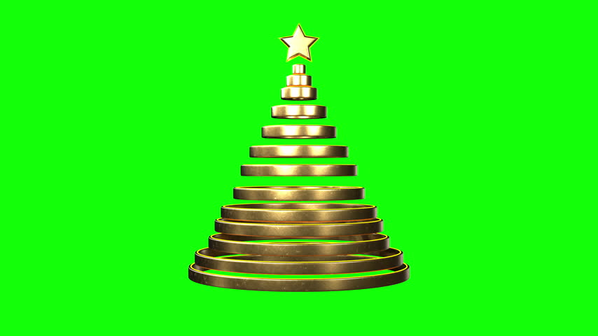 3D Animated Golden Spiral Christmas Tree with Star Rotating on Green Screen for Chroma Keying