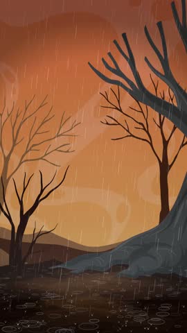 Animated vertical loop of rain falling into dark water surrounded by bare trees at dusk.
