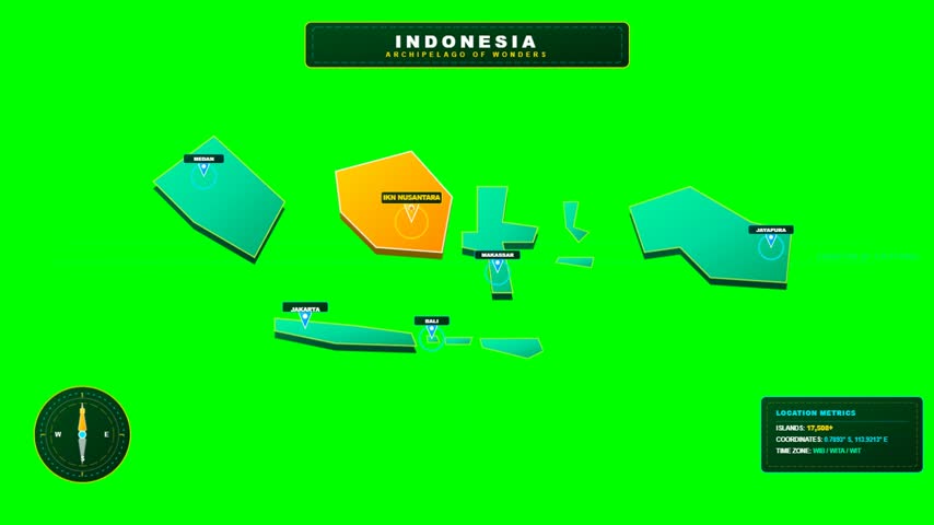 A visual representation of the Indonesian archipelago, showcasing its distinct islands in vibrant colors against a solid green backdrop. Includes a compass rose and a small information box.