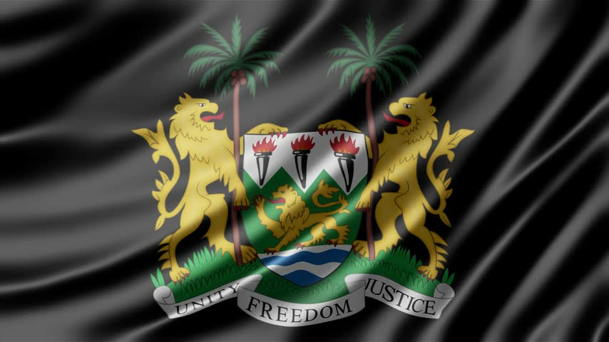 Sierra Leone coat of arms emblem waves gracefully on a dark black silk fabric surface creating a sophisticated and elegant motion loop that highlights the intricate details and textures of this national symbol in a smooth and professional video animation clip.
