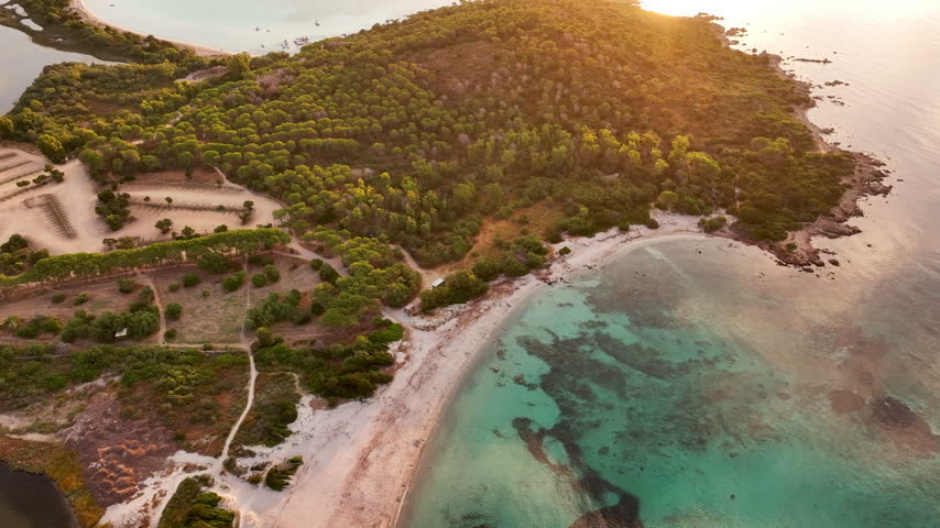 Aerial view of Lu Impostu beach at sunrise. Sardinia, Italy