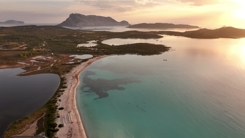Aerial view of Lu Impostu beach at sunrise. Sardinia, Italy